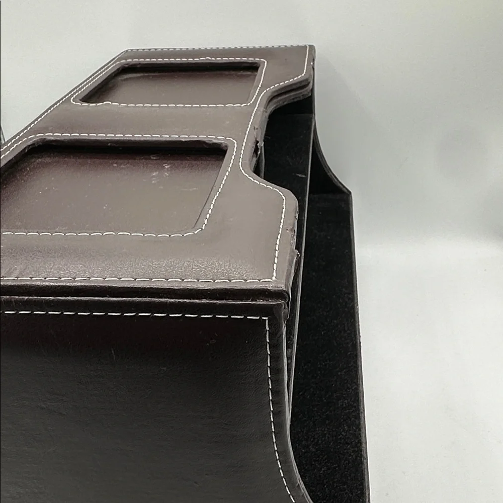 Dark brown faux leather desk organizer with white contrast stitching